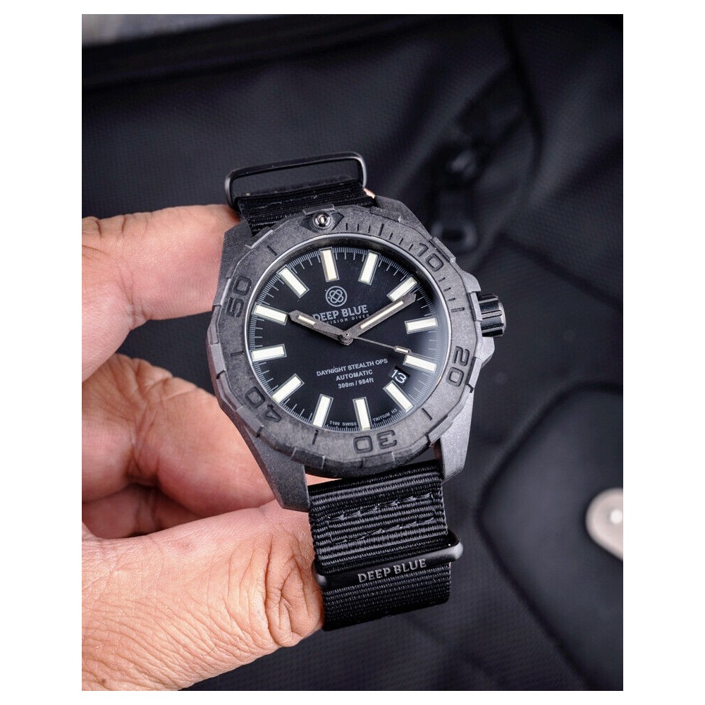 Deep Blue DayNight Stealth Ops Black Carbon Case Diver Automatic NH35 44mm Watch