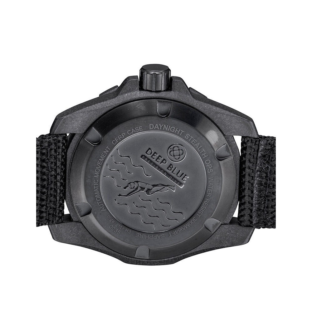 Deep Blue DayNight Stealth Ops Black Carbon Case Diver Automatic NH35 44mm Watch